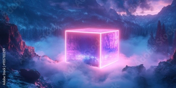 Fototapeta A massive glowing cube in a foggy valley, surrounded by drifting smoke and illuminated by pulsating neon strips, surreal sci-fi atmosphere"
