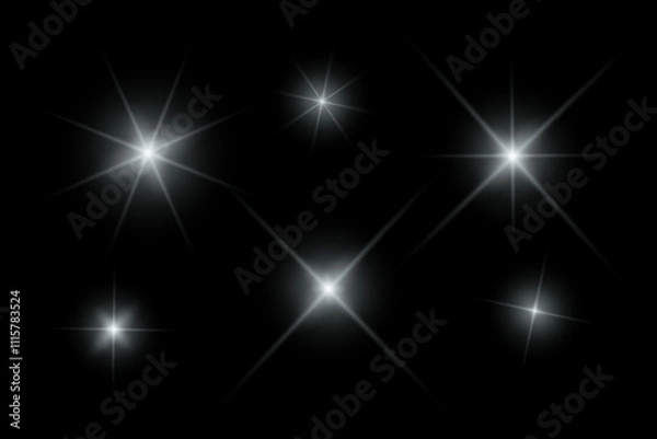 Fototapeta Silver sparkle lights, flashing lights, light effects, sunlight lens flare, glowing ray beams, sparkling starsicon on black background.