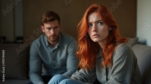 Fototapeta Anxious Redhead on Couch With Man in Tense Background Moment