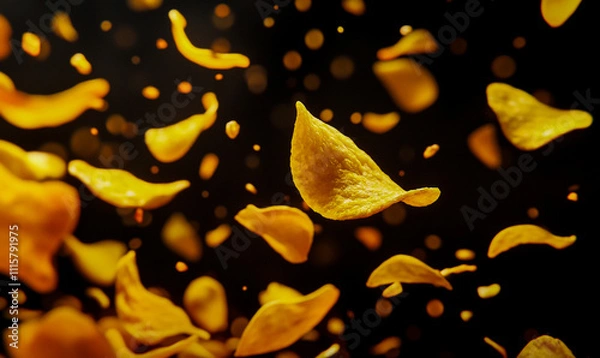 Obraz A lot of yellow potato chips flying on a black background.