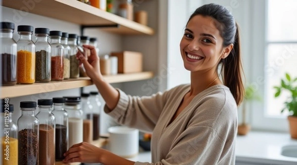 Fototapeta Smiling Woman Reaching for Spices in a Minimalistic Kitchen Interior