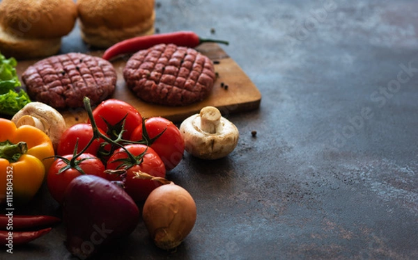 Fototapeta Fast food. Ingredients for making homemade fresh juicy burger. Top view and flat lay on a black table. Raw minced meat, spices, bun, lettuce and fresh vegetables.