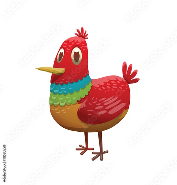 Fototapeta Cartoon image of a funny fantasy small beautiful tropical bird with bright red-rainbow feathers, small tail and small yellow beak standing on a white background. Vector illustration. Tropical bird.
