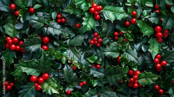 Obraz Holly berries on a red background with leaves and branches showcasing a festive Christmas theme