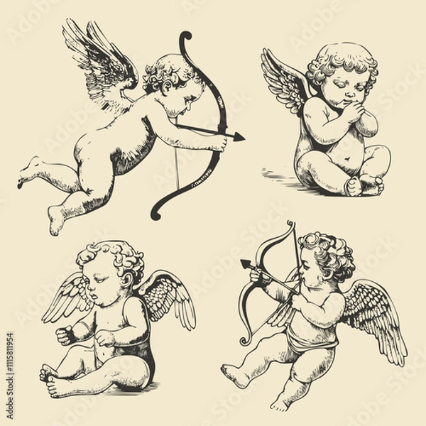 Fototapeta Cupid aiming a bow and arrow. Valentines Day symbol. Flying angel child, vector illustration