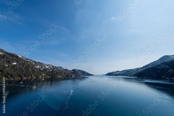 Fototapeta Prins Christian Sund Greenland mountain fjord with floating ice and shore iceberg on a summer day