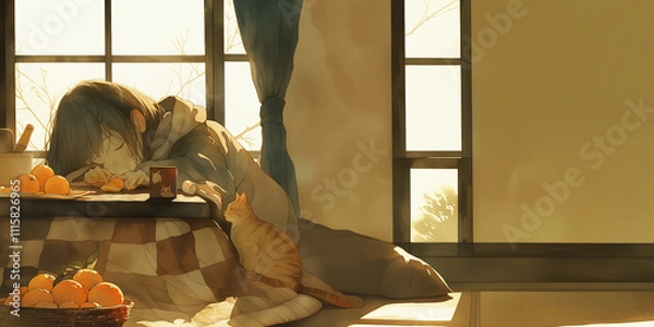 Obraz こたつでぬくぬくとみかんを食べる女性。水彩画。イラスト。挿絵素材