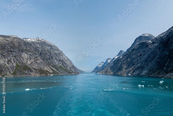 Fototapeta Prins Christian Sund Greenland mountain fjord with floating ice and shore iceberg on a summer day