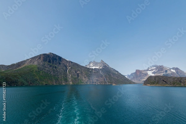 Fototapeta Prins Christian Sund Greenland mountain fjord with floating ice and shore iceberg on a summer day