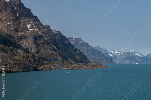 Fototapeta Prins Christian Sund Greenland mountain fjord with floating ice and shore iceberg on a summer day