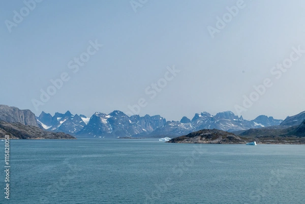 Fototapeta Prins Christian Sund Greenland mountain fjord with floating ice and shore iceberg on a summer day