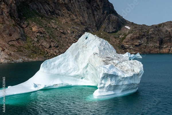 Fototapeta Prins Christian Sund Greenland mountain fjord with floating ice and shore iceberg on a summer day