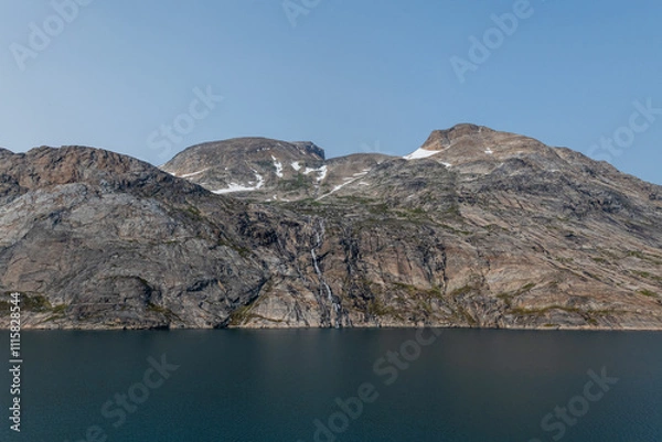 Fototapeta Prins Christian Sund Greenland mountain fjord with floating ice and shore iceberg on a summer day