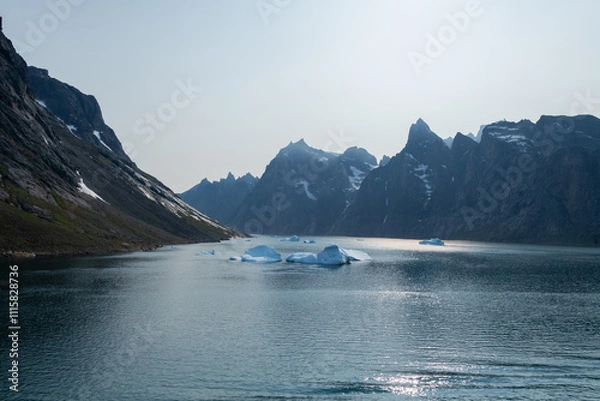 Fototapeta Prins Christian Sund Greenland mountain fjord with floating ice and shore iceberg on a summer day