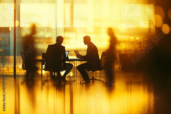 Fototapeta Professional Business Negotiation in a High-Tech Office, Captured with a Warm Golden Tone and Cinematic Bokeh Effect