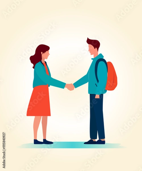 Fototapeta Vector illustration in cartoon flat style of two friends and two friendly people shaking hands. Isolated on white.