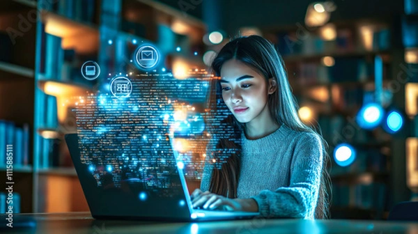 Fototapeta A student woman learns online with futuristic technology. The concept of education, innovation, and digital learning. Generative AI.