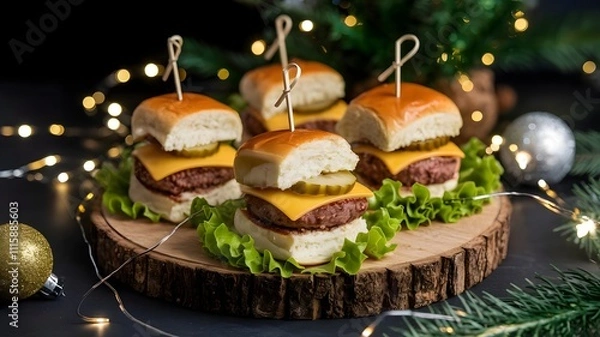 Fototapeta Mini sliders with beef patties, cheese, and pickles, served on wooden board with sparkling lights and festive New Year decor