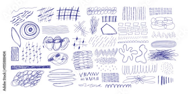 Fototapeta Blue ballpen scribble art collection. Simple scratch squiggle lines set. Hand drawn marks, underline strokes, doodles and arrows. Grunge marker stroke
