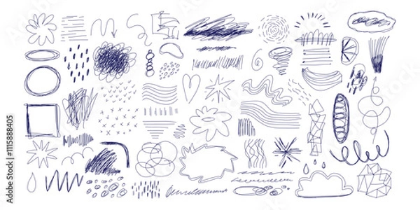 Fototapeta Blue ballpen scribble art collection. Simple scratch squiggle lines set. Hand drawn marks, underline strokes, doodles and arrows. Grunge marker stroke