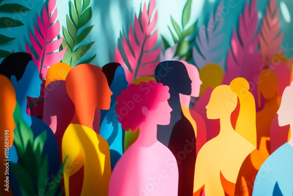 Fototapeta Cut out color paper human figures stands together. Concept of diversity, multicultural, multiracial.