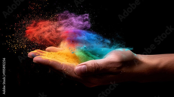 Fototapeta Holi festival concept. Magical rainbow colored powder exploding from the palm of a cupped hand creating a vibrant cloud of dust in the colors of the spectrum over a black background.