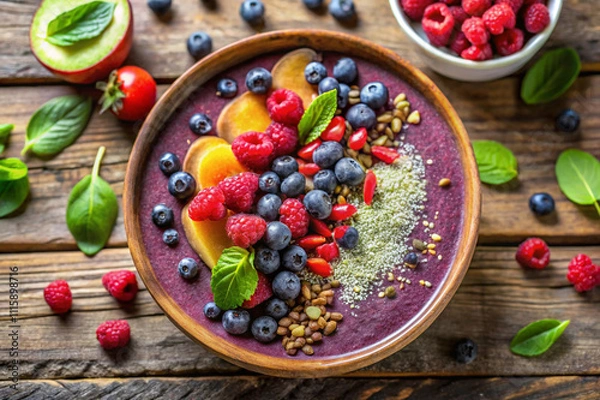 Fototapeta Vibrant Acai Bowl with Fresh Berries and Toppings on Rustic Wooden Table