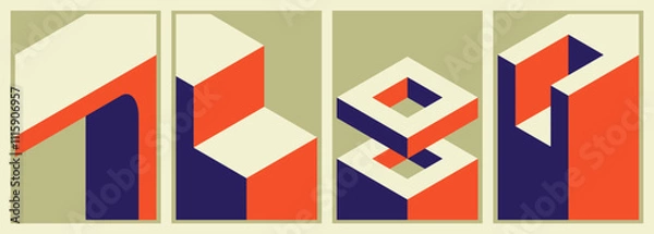 Fototapeta Set of isometric vector elements, architectural shapes and monoliths for covers, posters, cards, flyers or branding.