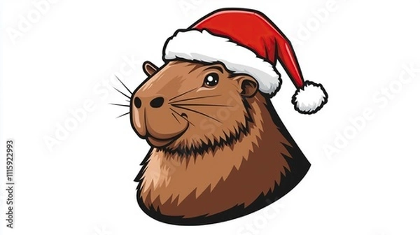 Obraz Cute capybara in a Christmas hat 2D Logo on a white background