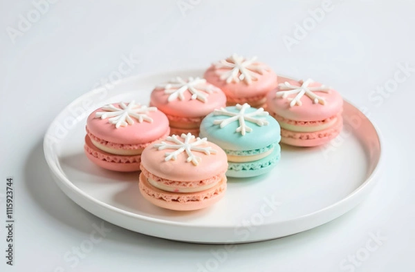 Fototapeta A plate of pastel-colored macarons adorned with intricate snowflake decorations, perfect for winter-themed dessert displays or elegant festive celebrations. Selective focus