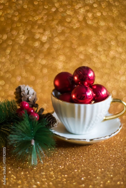 Obraz Simple Christmas concept: white tea cup filled with red Christmas tree baubles, spruce twig with mistletoe, golden blurry background
