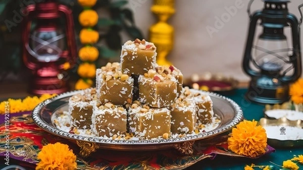 Fototapeta Soft jaggery and coconut barfi pieces garnished with chopped nuts, served on silver plate with festive decor and candles