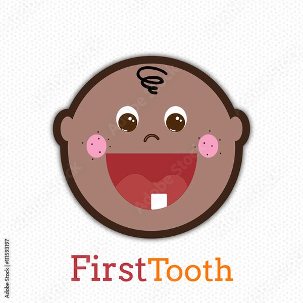 Fototapeta Cute Afro-American baby boy with first tooth. Little toddler smiling vector hand drawn illustration. First tooth vector. Milk teeth vector illustration. Baby boy first tooth concept.