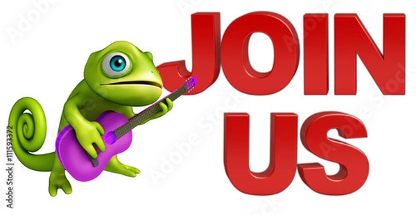 Fototapeta fun Chameleon cartoon character with guitar and join us sign