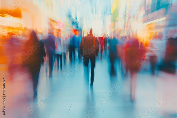 Obraz A blurred view of a busy trade show event with people walking past company stands, creating a dynamic business atmosphere.