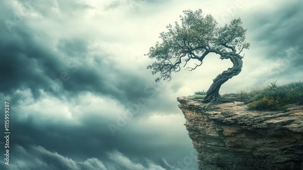 Fototapeta Lonely tree on cliff edge, stormy sky.