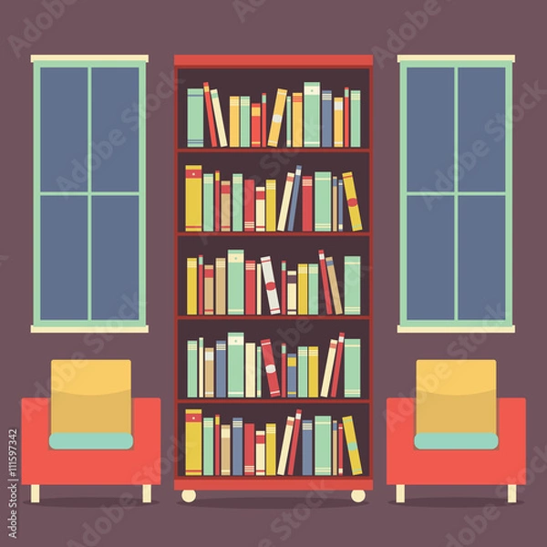 Fototapeta Flat Design Reading Seats and Bookcase Vector Illustration.