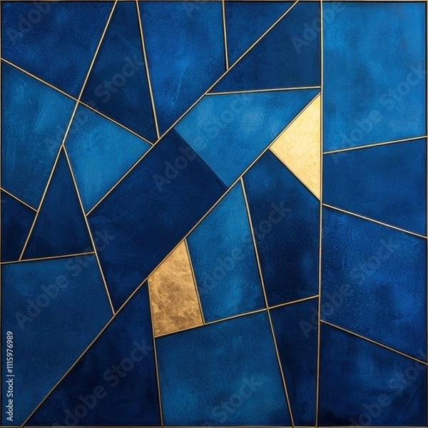 Fototapeta A modern abstract artwork featuring geometric shapes in deep blue hues with a touch of gold, creating a striking visual contrast.