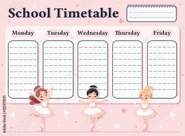 Fototapeta A weekly planer for a student. School Time Table Template with a pretty ballerinas on white and pink background. Vector illustration in flat cartoon style
