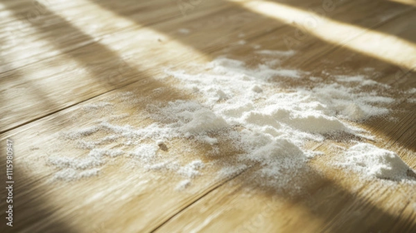 Fototapeta A realistic scene of white powdered milk spilled on a clean kitchen floor, with soft light casting shadows on the fine powder, creating a contrast against the wooden floor surface