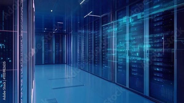 Fototapeta Digital hologram of  server room with data flow, the background is dark blue and white, data flowing between the equipment in a glass cube.