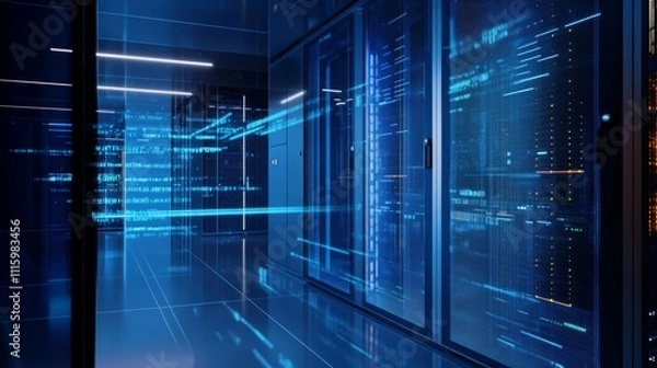 Fototapeta Digital hologram of  server room with data flow, the background is dark blue and white, data flowing between the equipment in a glass cube.