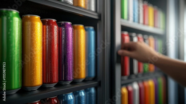 Fototapeta Consumer Choice, A vibrant display of colorful beverage cans neatly arranged on shelves, with a hand reaching for one.