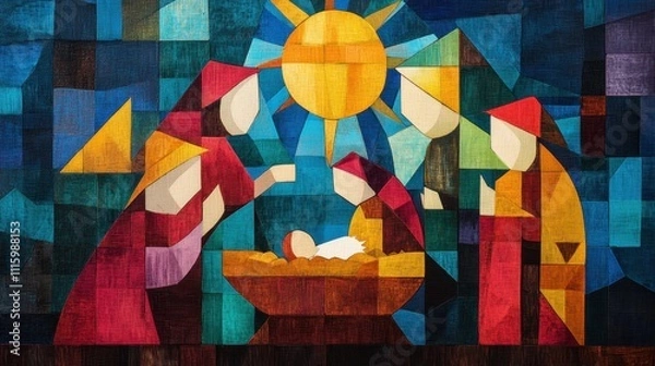 Fototapeta Abstract cubist depiction of the nativity scene featuring Mary, Joseph, and baby Jesus surrounded by colorful geometric shapes