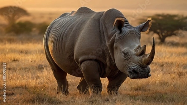 Fototapeta A close-up photo of a rhinoceros, showcasing its thick skin, large horn, and piercing gaze. The animal's powerful build and rugged features make it a truly awe-inspiring sight
