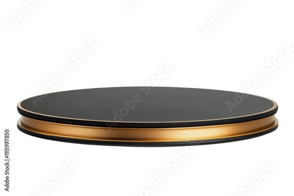 Obraz Elegant round display stand with a black surface and gold rim presentation podium cut out transparent isolated PNG