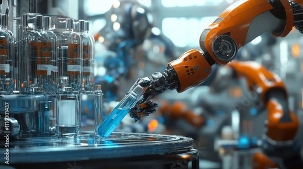Fototapeta A high-tech medical production line with robotic arms and precision tools is meticulously crafting vials of a bubbling solution.