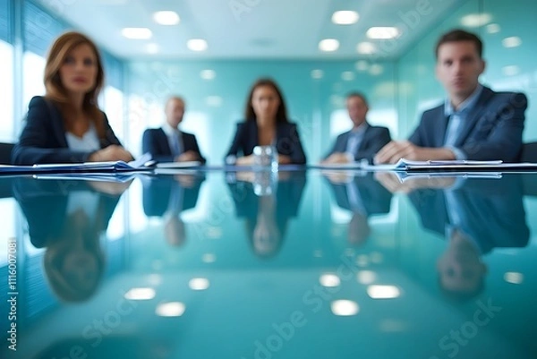 Fototapeta Boardroom Deliberation: A low-angle perspective of a serious business meeting, showcasing a polished boardroom table reflecting the attendees' focused expressions.