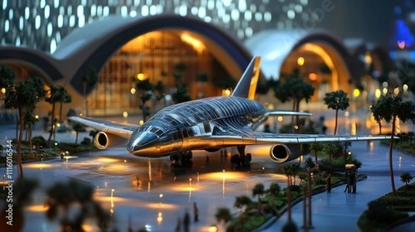 Obraz A detailed model airplane displayed in a modern architectural setting with ambient lighting.