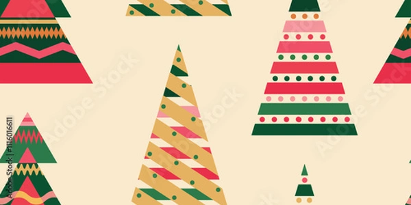 Fototapeta Seamless winter new year pattern: geometric christmas trees. Doodle vector hand drawn illustration in green, yellow, pink, beige, orange  colours for cards, banners, wallpaper, textile, wrapping	